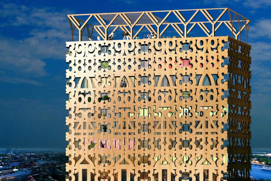 Drewniany apartamentowiec z numerkami na fasadzie