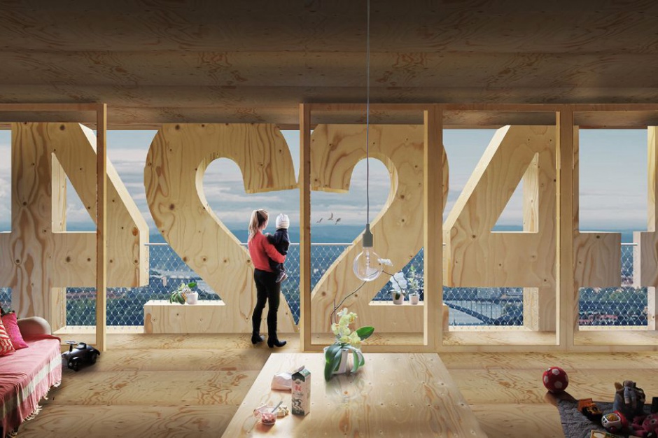 Trätoppen. Fot. www.andersberenssonarchitects.com Drewniany apartamentowiec z numerkami na fasadzie