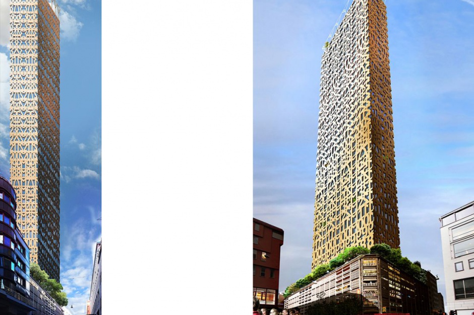Trätoppen. Fot. www.andersberenssonarchitects.com Drewniany apartamentowiec z numerkami na fasadzie