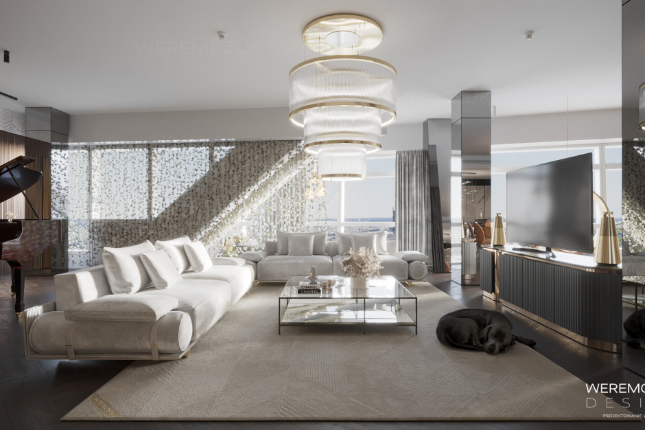 Wnętrze ubrane jest w ciepłe kolory ziemi oraz naturalne materiały. Fot. mat. pras. Wnętrze projektu Weremczuk Design. Złota 44 prezentuje wizualizację apartamentu